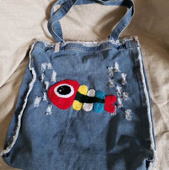 Karma Handbags - Terry Loom Stitched Color Fish Deconstructed Denim Tote